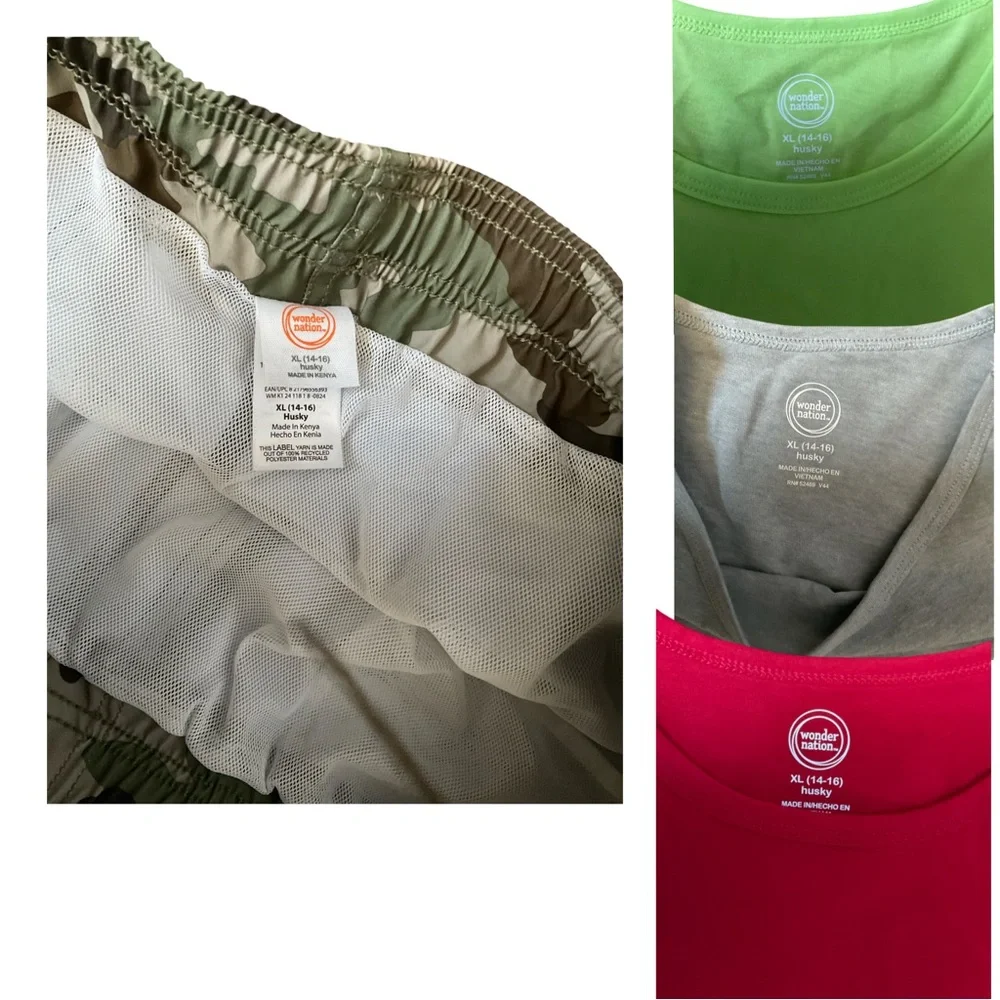 Wonder Nation Boys XL Husky 14/16 Tank Tops & Camo Swim Trunks NWT Bundle